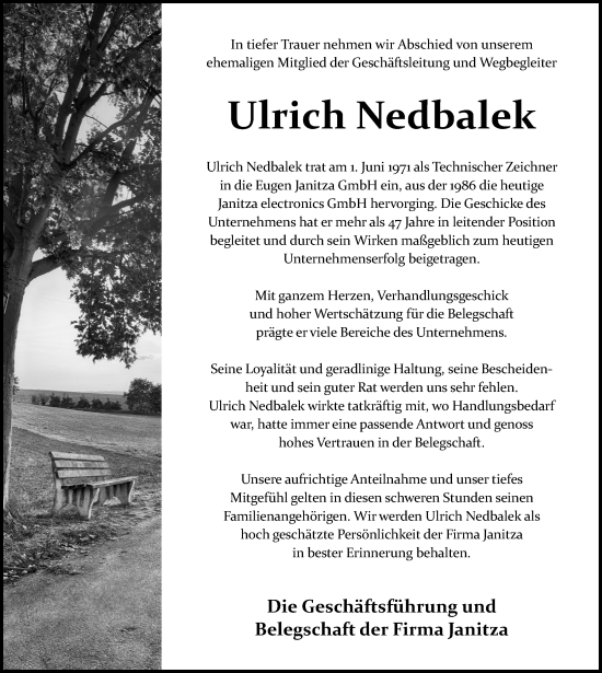 Traueranzeige von Ulrich Nedbalek von Weilburger Tageblatt