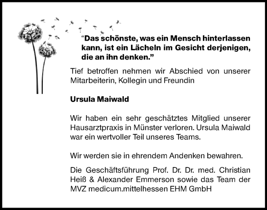 Traueranzeige von Ursula Maiwald von Nassauische Neue Presse