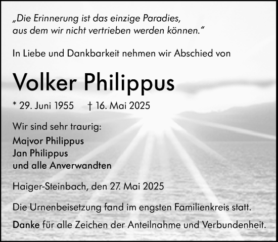 Traueranzeige von Volker Philippus von Dill Block