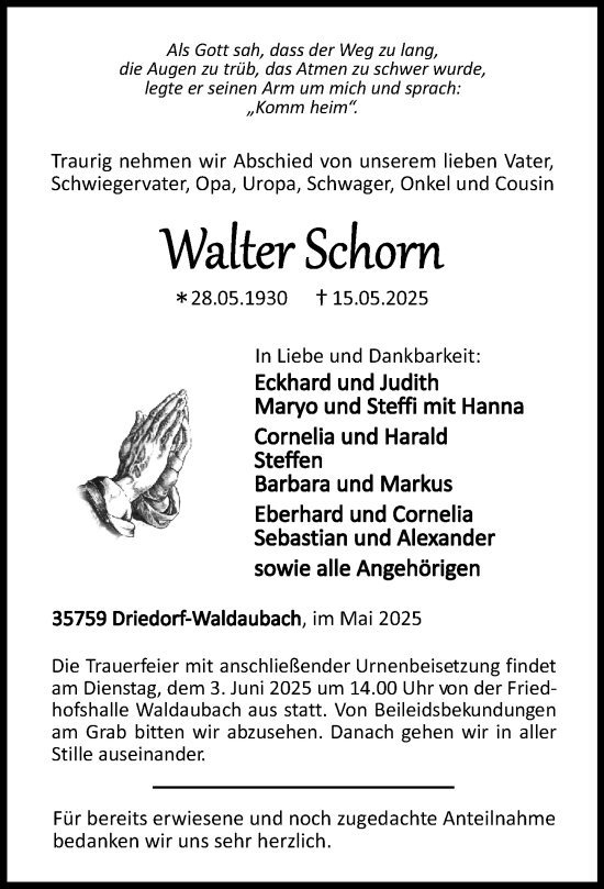 Traueranzeige von Walter Schorn von Dill Block