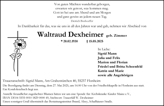 Traueranzeige von Waltraud Dexheimer von Allgemeine Zeitung Alzey