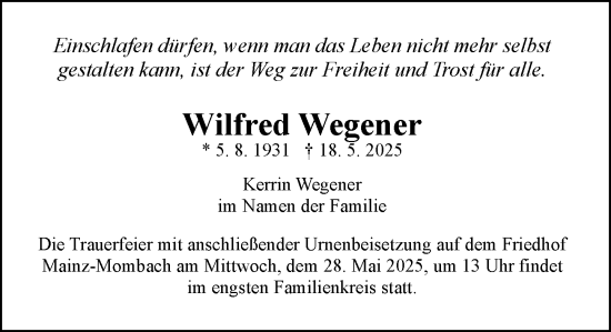 Traueranzeige von Wilfred Wegener von Allgemeine Zeitung Mainz