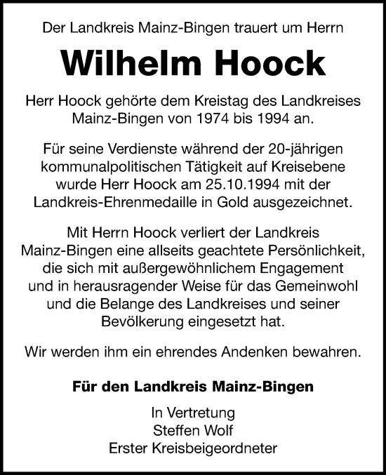 Traueranzeige von Wilhelm Hoock von Allgemeine Zeitung Rheinhessen-Nahe