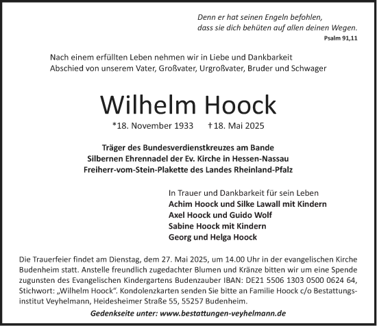 Traueranzeige von Wilhelm Hoock von Allgemeine Zeitung Rheinhessen-Nahe