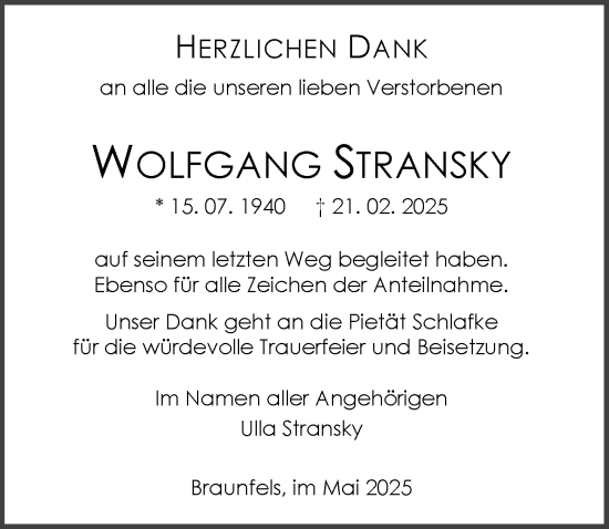 Traueranzeige von Wolfgang Stransky von Wetzlarer Neue Zeitung
