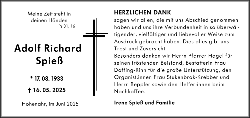  Traueranzeige für Adolf Spieß vom 14.06.2025 aus Wetzlarer Neue Zeitung