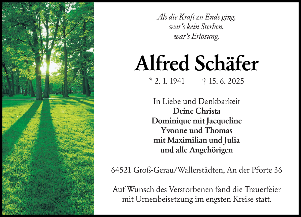  Traueranzeige für Alfred Schäfer vom 28.06.2025 aus Groß-Gerauer Echo