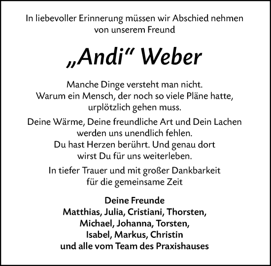Traueranzeige von Andi Weber von Dill Block