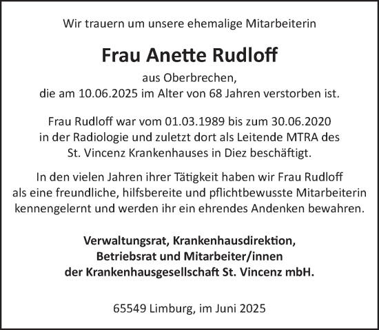 Traueranzeige von Anette Rudloff von Nassauische Neue Presse
