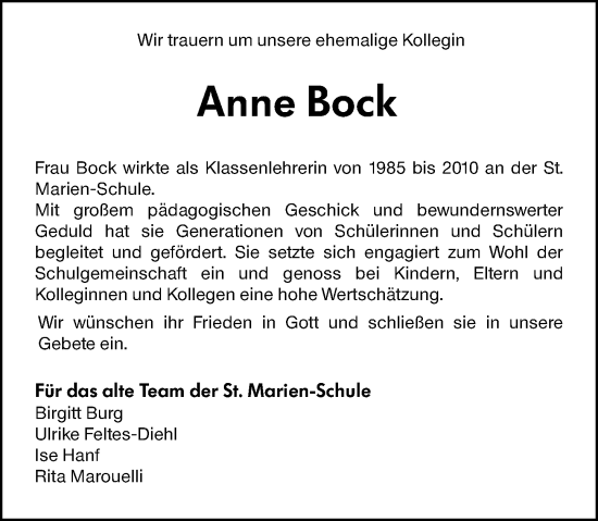 Traueranzeige von Anne Bock von Allgemeine Zeitung Alzey