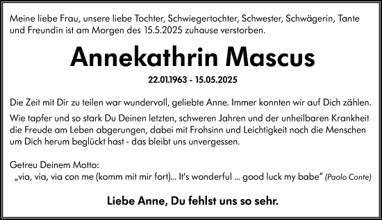 Traueranzeige von Annekathrin Mascus von Wiesbadener Kurier