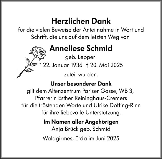 Traueranzeige von Anneliese Schmid von Wetzlarer Neue Zeitung