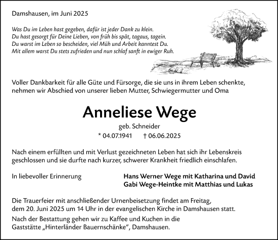 Traueranzeige von Anneliese Wege von Hinterländer Anzeiger