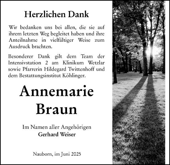 Traueranzeige von Annemarie Braun von Wetzlarer Neue Zeitung