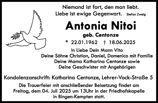 Traueranzeige von Antonia Nitoi von Binger-/Ingelheimer Wochenblatt
