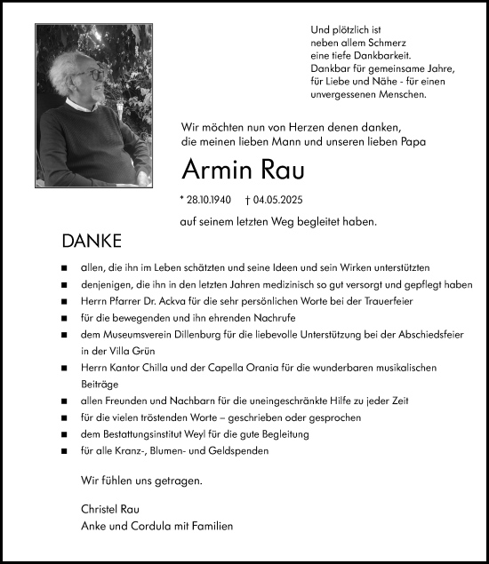 Traueranzeige von Armin Rau von Dill Block