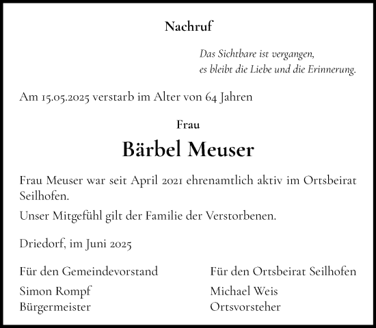 Traueranzeige von Bärbel Meuser von Dill Block