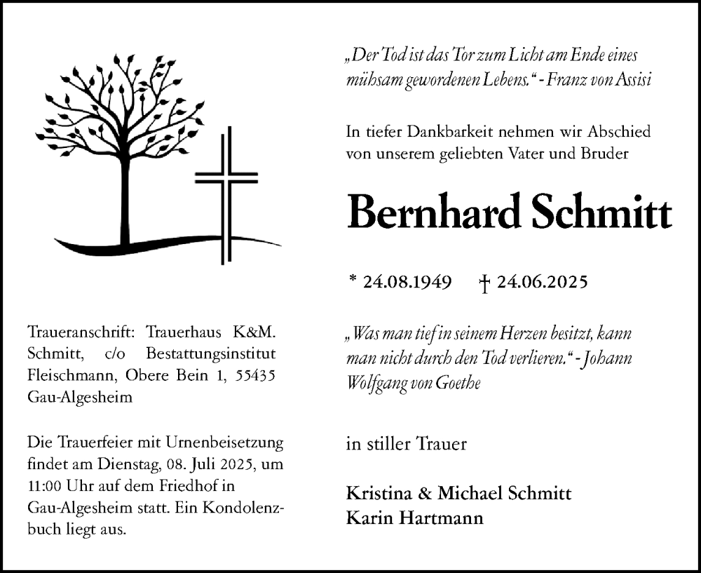  Traueranzeige für Bernhard Schmitt vom 28.06.2025 aus Allgemeine Zeitung Mainz