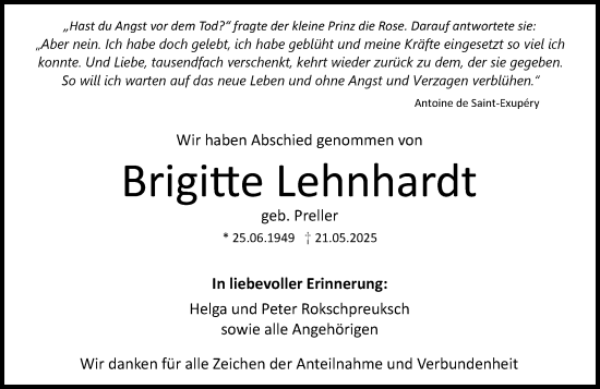 Traueranzeige von Brigitte Lehnhardt von Dill Block