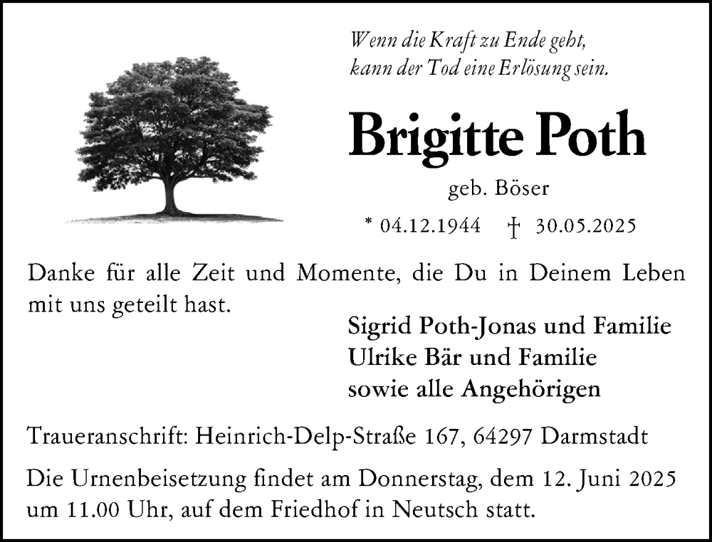  Traueranzeige für Brigitte Poth vom 07.06.2025 aus Darmstädter Echo