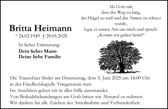 Traueranzeige von Britta Heimann von Dill Block