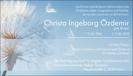 Traueranzeige von Christa Ingeborg Özdemir von Dill Block