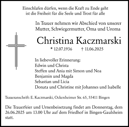 Traueranzeige von Christina Kaczmarski von Allgemeine Zeitung Rheinhessen-Nahe