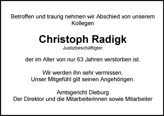 Traueranzeige von Christoph Radigk von Darmstädter Echo