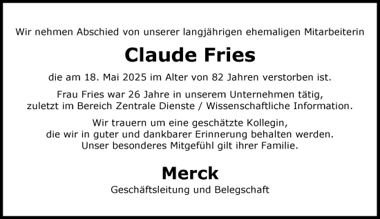 Traueranzeige von Claude Fries von Darmstädter Echo