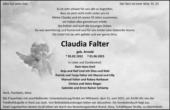 Traueranzeige von Claudia Falter von Allgemeine Zeitung Alzey