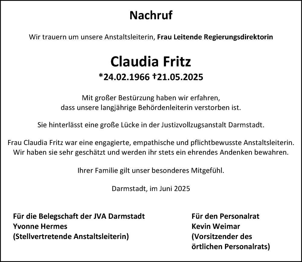  Traueranzeige für Claudia Fritz vom 17.06.2025 aus Darmstädter Echo