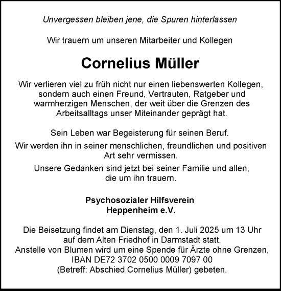Traueranzeige von Cornelius Müller von Bergsträßer Anzeiger