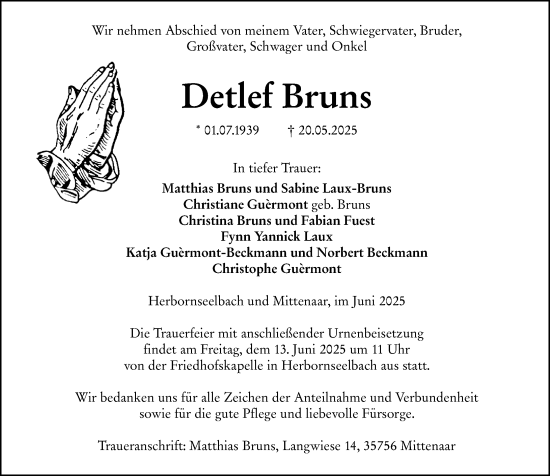 Traueranzeige von Detlef Bruns von Dill Block