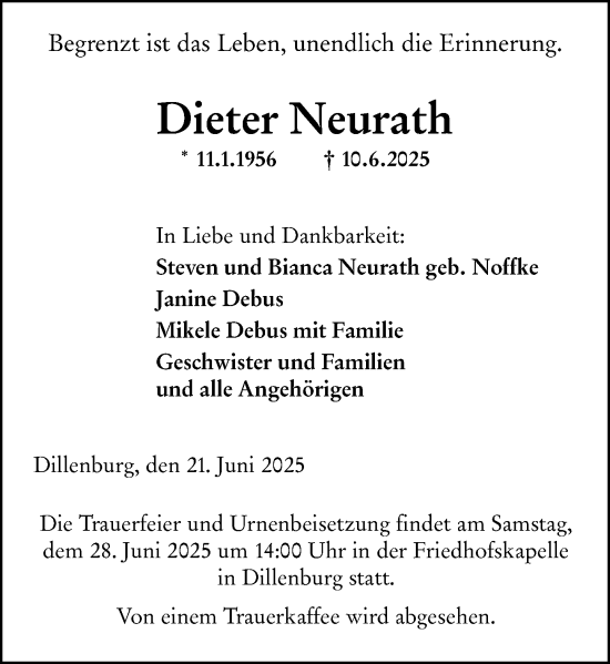 Traueranzeige von Dieter Neurath von Dill Block