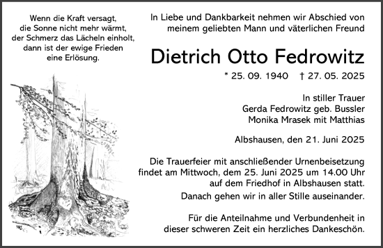 Traueranzeige von Dietrich Otto Fedrowitz von Wetzlarer Neue Zeitung