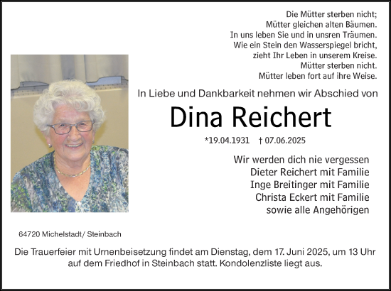 Traueranzeige von Dina Reichert von Odenwälder Echo
