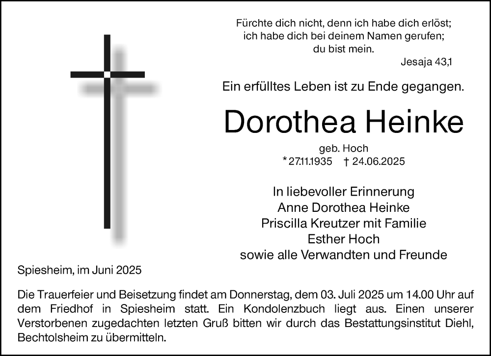  Traueranzeige für Dorothea Heinke vom 28.06.2025 aus Allgemeine Zeitung Alzey