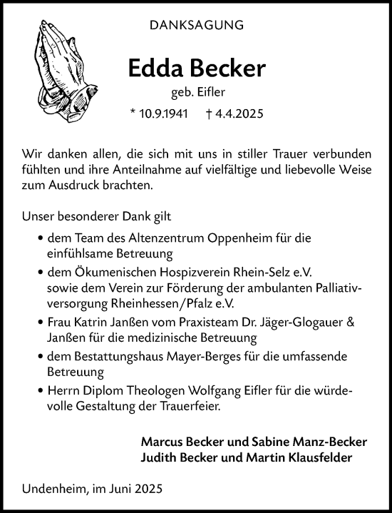 Traueranzeige von Edda Becker von Allgemeine Zeitung Mainz