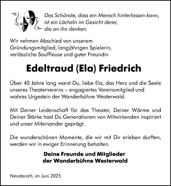 Traueranzeige von Edeltraud Friedrich von Weilburger Tageblatt