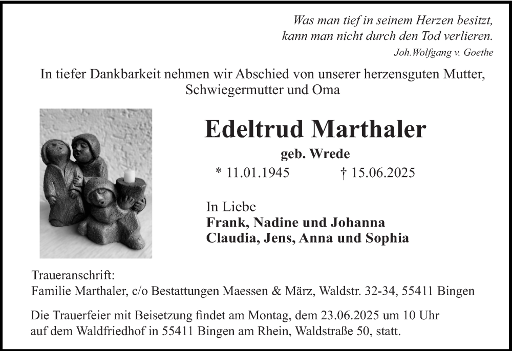  Traueranzeige für Edeltrud Marthaler vom 21.06.2025 aus Allgemeine Zeitung Rheinhessen-Nahe