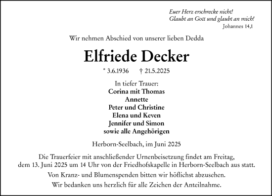 Traueranzeige von Elfriede Decker von Dill Block
