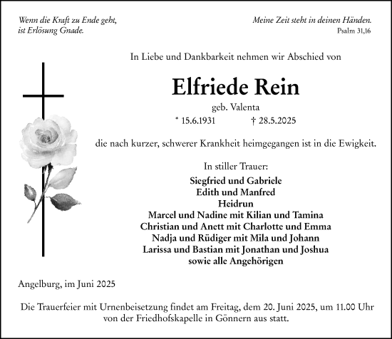 Traueranzeige von Elfriede Rein von Hinterländer Anzeiger