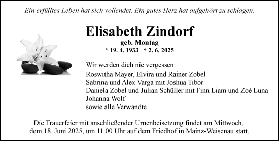 Traueranzeige von Elisabeth Zindorf von Allgemeine Zeitung Mainz