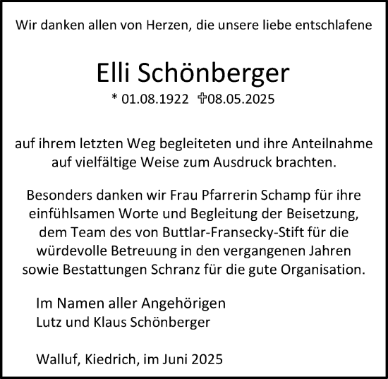 Traueranzeige von Elli Schönberger von Rheingau Kurier