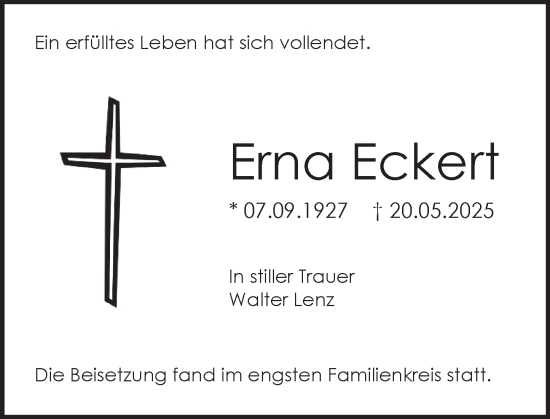 Traueranzeige von Erna Eckert von Allgemeine Zeitung Mainz