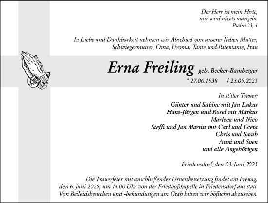 Traueranzeige von Erna Freiling von Hinterländer Anzeiger