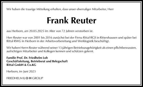 Traueranzeige von Frank Reuter von Dill Block