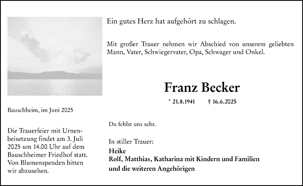  Traueranzeige für Franz Becker vom 28.06.2025 aus Rüsselsheimer Echo