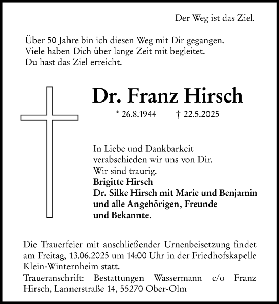 Traueranzeige von Franz Hirsch von Allgemeine Zeitung Mainz
