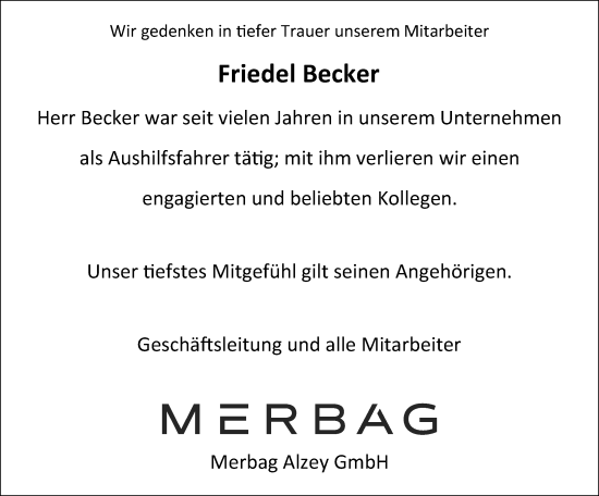 Traueranzeige von Friedel Becker von Alzeyer Wochenblatt